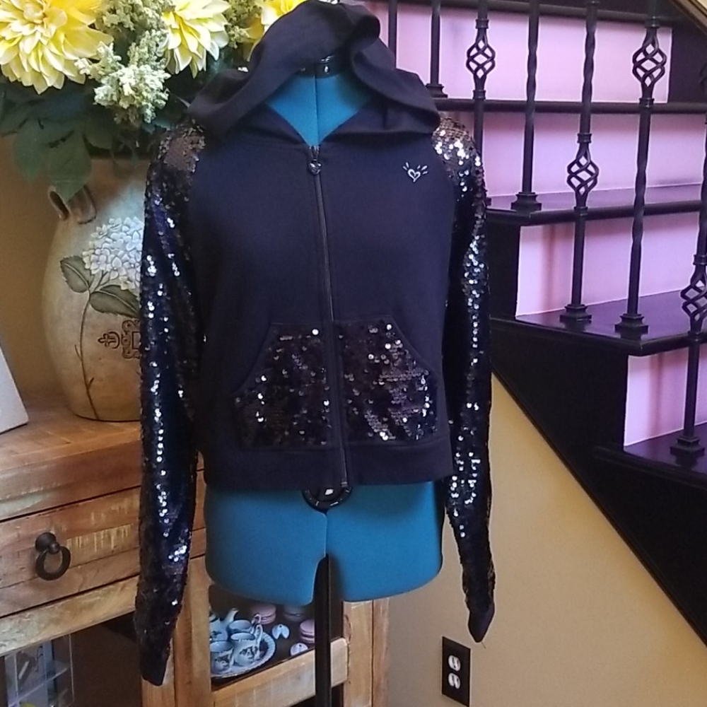 New Justice Black Sequin Hooded Zip Up - SZ 20